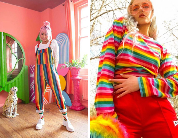 duas fotos de looks coloridos no estilo arco-iris para simbolizar o post sobre o significado das cores